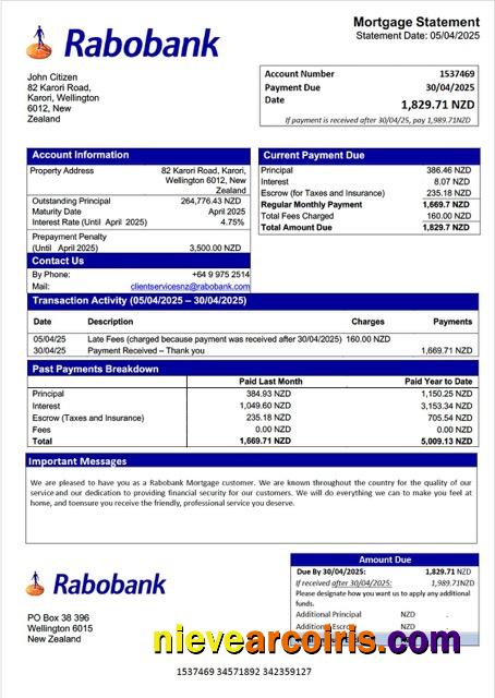 New Zealand Rabobank mortgage statement Word and PDF template